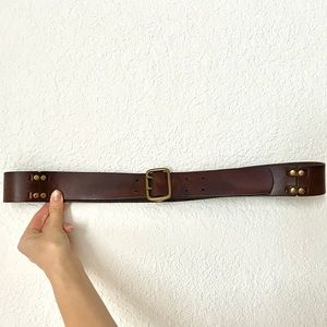 Mens brown leather belt with gold tone buckle and rivets